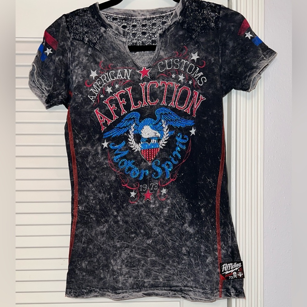 NWOT Y2K Vintage Women’s Affliction Black Burnout American Customs Tee Size M